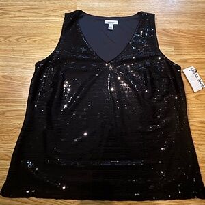 Nine West Black Sequin V Neck Top Size Medium with Tags